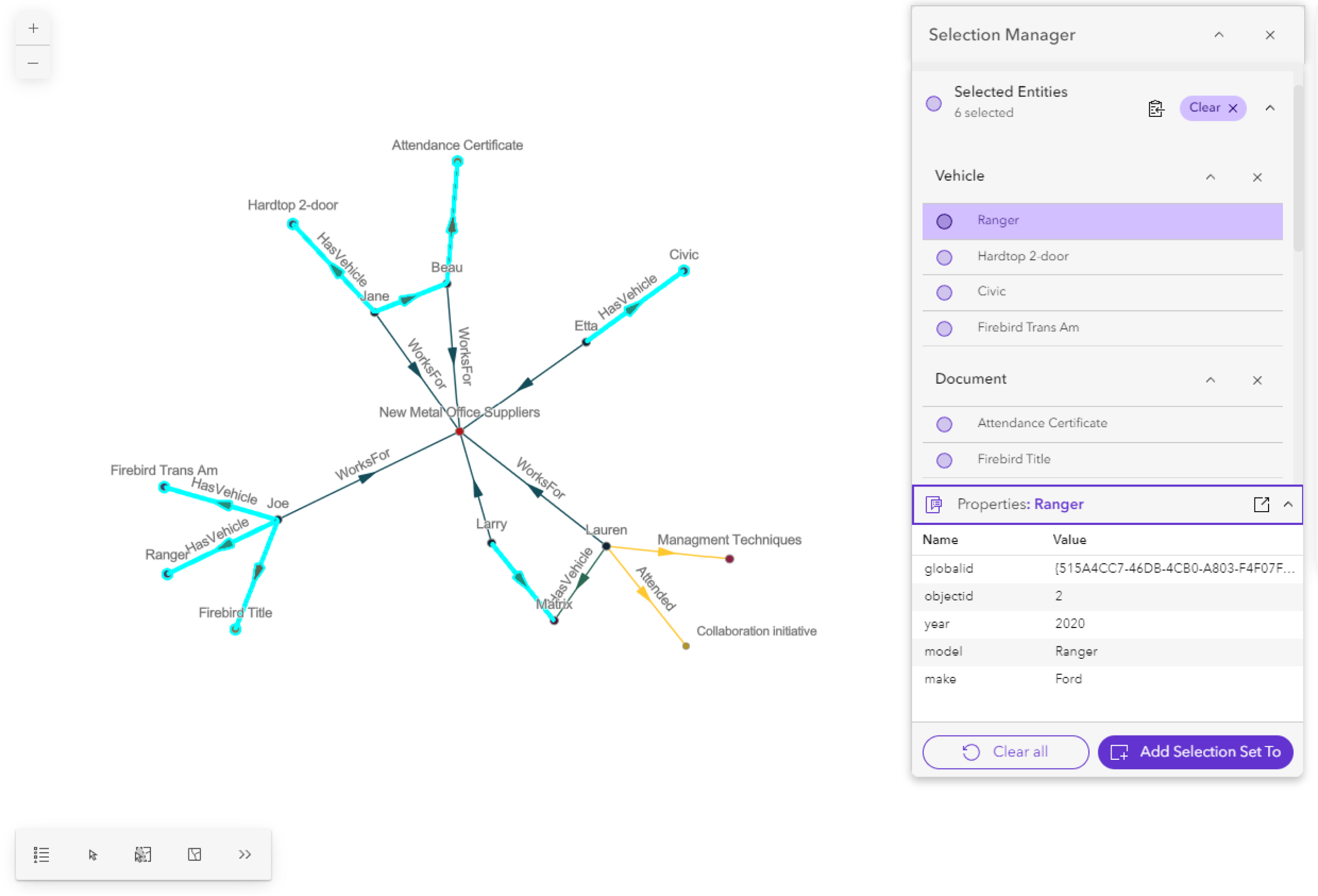 Selection Manager open with the Properties panel open for a specific entity