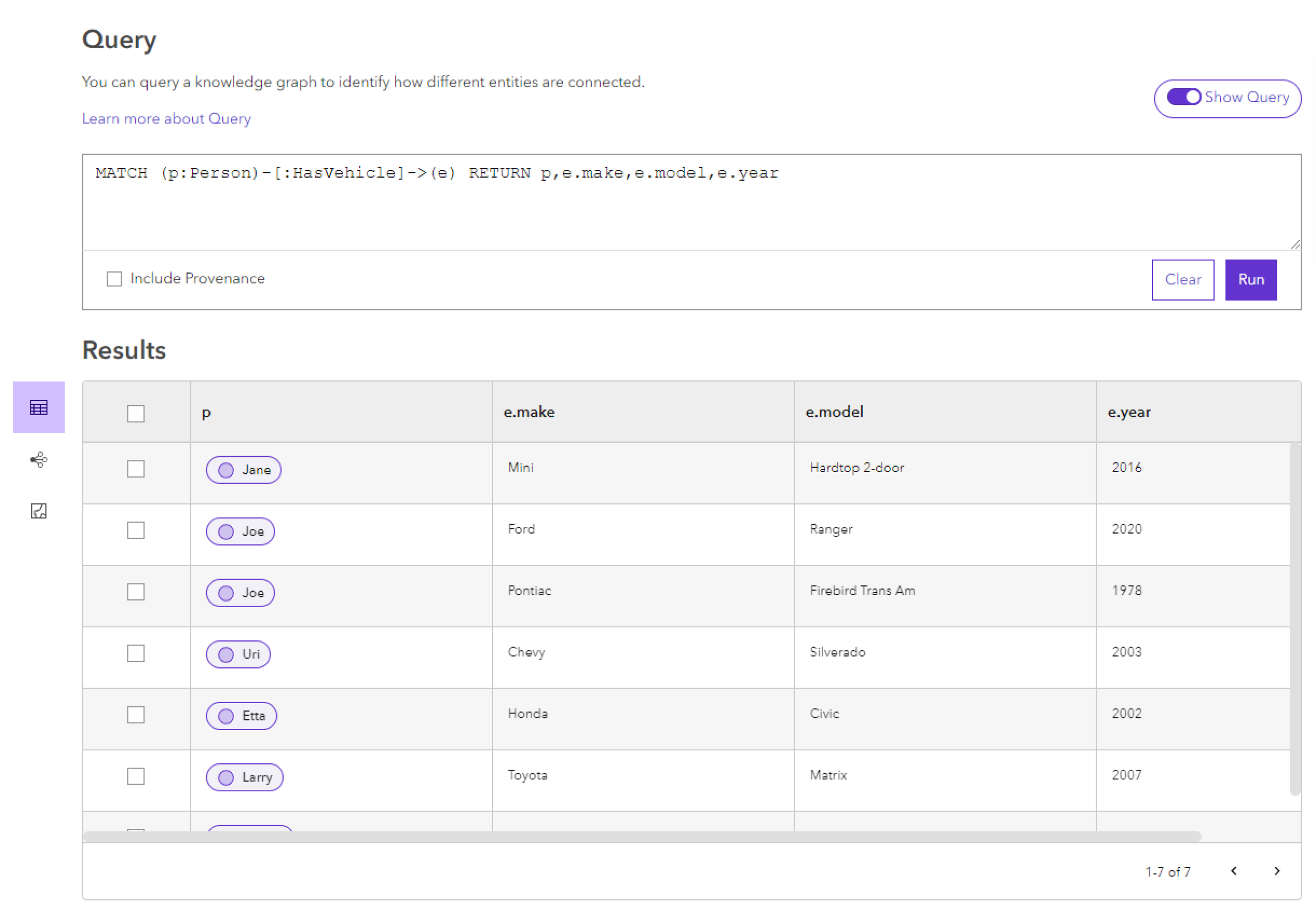 Properties of the destination Vehicle entity are included in the results.