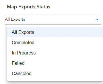 Filter options for exports in the Map Exports Status pane